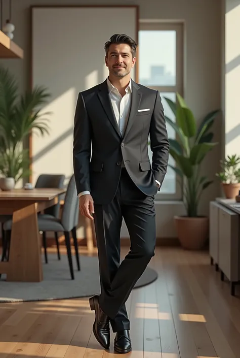 Please draw a stylish man in his 40s 。
 two blocks with black hair and short hair
An atmosphere where you can work in a suit
Its a friendly atmosphere without parentheses, but it feels cool