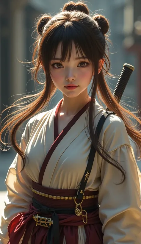 full body display、Swordswoman、Age 35、Thirty-five years old、 Japanese、 cute face、A peerless beauty、Single mabuta 、SINGLE EYELID、 Mysterious Expressions 、smile、 Fearless Smile 、 brown hair on the right side and blonde hair on the left、 ponytails bleeding fro...