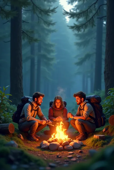 Three hikers are sitting in the forest, making a fire.