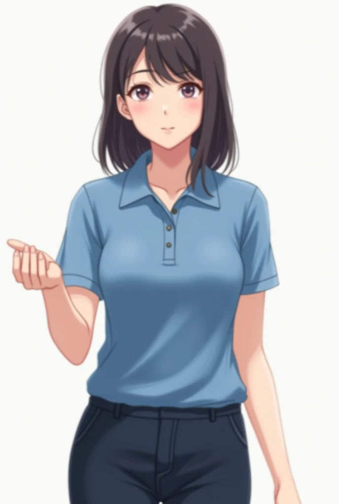 One Woman wears blue polo shirt dingker pants black color shoulder-length hair neat right hand please