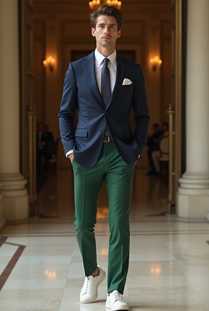 Formal dress code for a wedding as a guest, green chino and navy blazer styles for men, no tie white sneakers