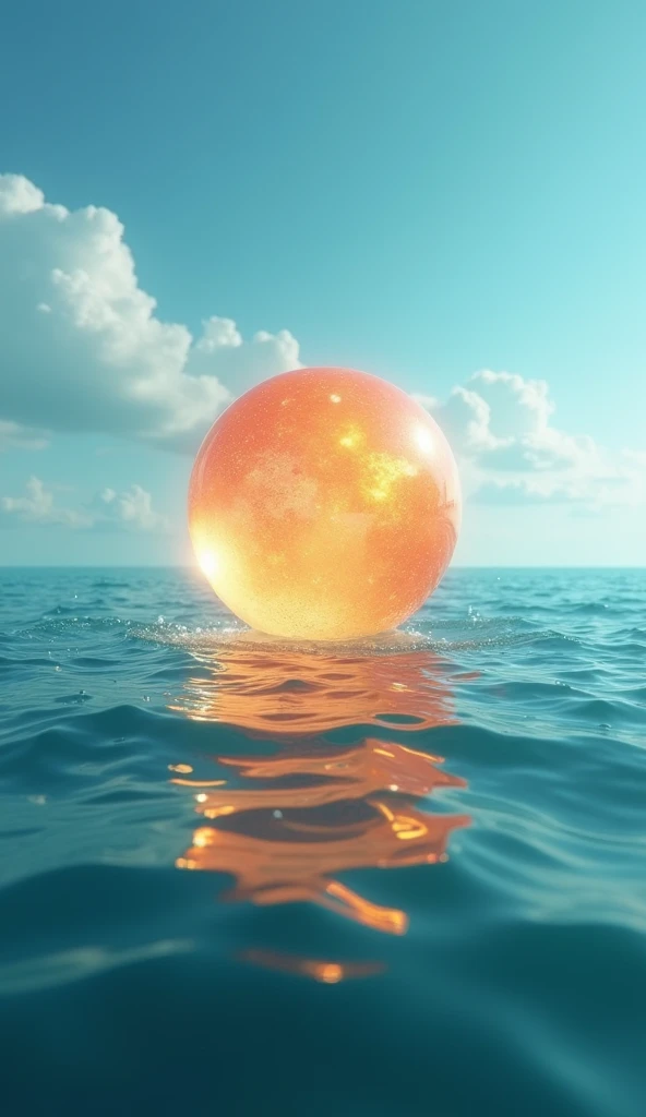 A orange color ball floating in the ocean see through thr sky 