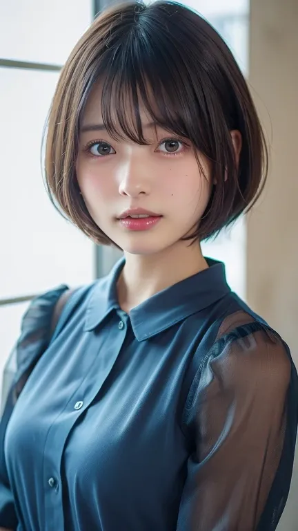 ( bob-cut hair :1.2),( wearing a blouse:1.2), 1 girl,Japanese,21 years old,( small breasts:1.3),( best quality,masterpiece:1.3, ultra high resolution,),( super detailed, caustics),( photorealistic:1.4,RAW shooting,)Ultra-realistic capture, Very detailed, H...