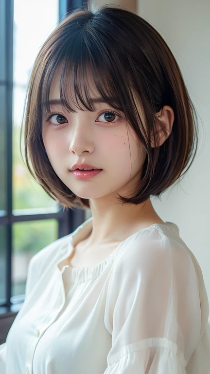 ( bob-cut hair :1.2),( wearing a blouse:1.2), 1 girl,Japanese,21 years old,( small breasts:1.3),( best quality,masterpiece:1.3, ultra high resolution,),( super detailed, caustics),( photorealistic:1.4,RAW shooting,)Ultra-realistic capture, Very detailed, H...