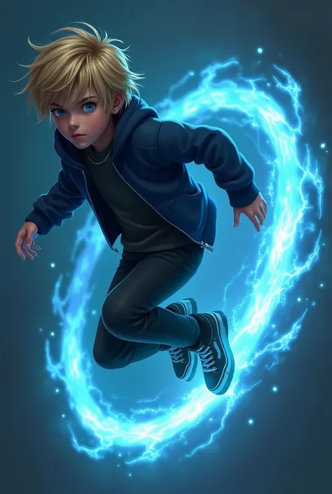 Tween thug with droopy blonde hair, dark blue eyes, dark blue sweater with black sweater, black pants and black sneakers. As he flies, he expels a glowing dark blue contrail.