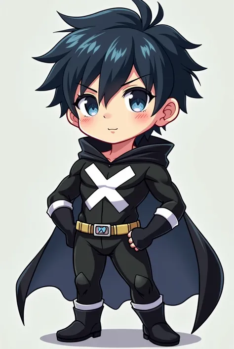 Seventeen-year-old anime boy with black hair with blue tips, gray eyes, marked and muscular physique wearing a black hero costume with a big white X on his chest, black fingerless gloves with a black hood, Chibi version 