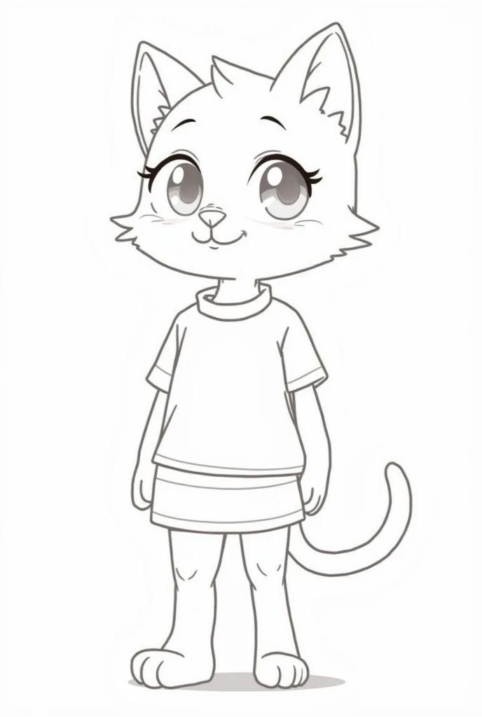 Cartoon drawing sketch of a furry 
Athropomorphic drawing
Lineart drawing of a furry female cat
Uncolored sketch 
Drawing pattern 
Famale Cat in clothes
Teenage female cat 
Semi anime style