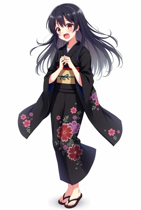 Anime girl with and standing in front of her full legs and geta yukata black and with flowers and worried and with a white background and full body and with pink nails and with fists on her chest both hands with an emotion of nervousness and with an expres...