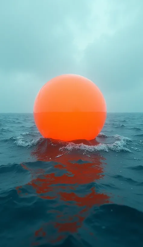 A orange color ball floating in the mid ocean. 