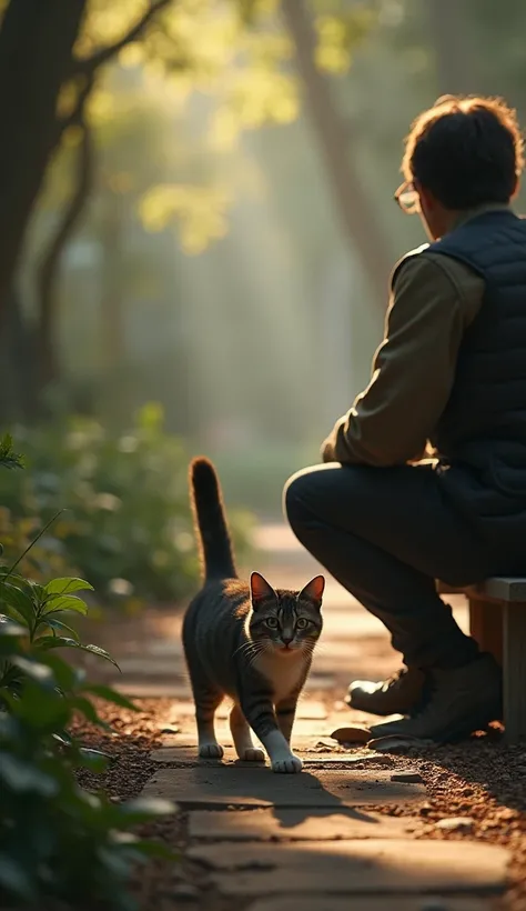 A stray cat approaching a seated visitor, relaxed pose, photorealistic, 4k, extremely detailed, intricate details, warm lighting, soft focus, muted colors, dramatic shadows, realistic textures, natural environment, atmospheric, cinematic composition, maste...