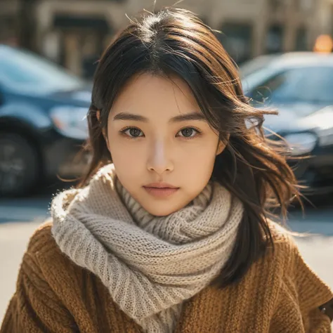 A hyper-realistic image of a single Japanese woman in her early 20s, captured with the nostalgic warmth and tactile graininess of a film camera. She is dressed in a stylish winter outfit, featuring a structured coat layered over a textured knit sweater, co...