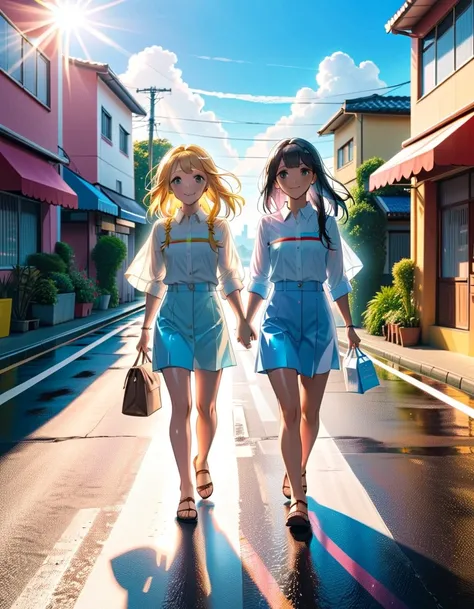 two girls, Casual clothing, sun after the rain, Only one rainbow bridge appears in the sky. (Walking In Rhythm), Street Lady, sister love, Places and Spaces, Woman Of The World, Love Is Love, In the Mood. (Dazzling Sunshine:1.3, beautiful Sunshine:1.3), (L...