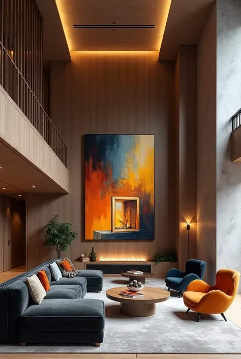 LOBBY DESIGN OF A LUXURY APARTMENT WITH TWO DOUBLE-SIDED WOODEN Big TABLE CONSOLES  By  Lateral Fireplace and A LARGE WHITE  Modern FIREPLACE AND ABOVE THE CONSOLES THERE IS A LARGE  MIRROR AND ON THE WALL THERE IS A  Cobism PAINTED FIREPLACE WITH ORANGE A...