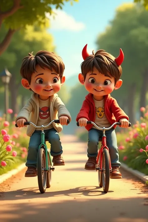 Creat a 3d image of little cute jesus and devil red body colour little cute boy cycling in the park animated with Disney picsard tuch they wearing jeans t shirt and Disney jacket they are happily riding cycle they are creating acozy atmosphere for peaceful...