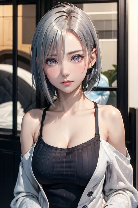 (8k, Realistic, RAW Photos, best quality:1.3), (1girl), very beautiful, (realistic face), (boyish, Silver very short hair), beautiful, A gaze that captivates the viewer, beautiful expression, beautiful breasts, (realistic skin), beautiful, 