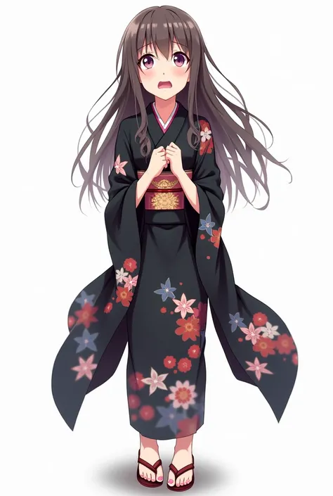 Anime girl with and standing in front of her full legs and geta yukata black and with flowers and worried and with a white background and full body and with pink nails and with fists on her chest both hands with an emotion of nervousness and with an expres...