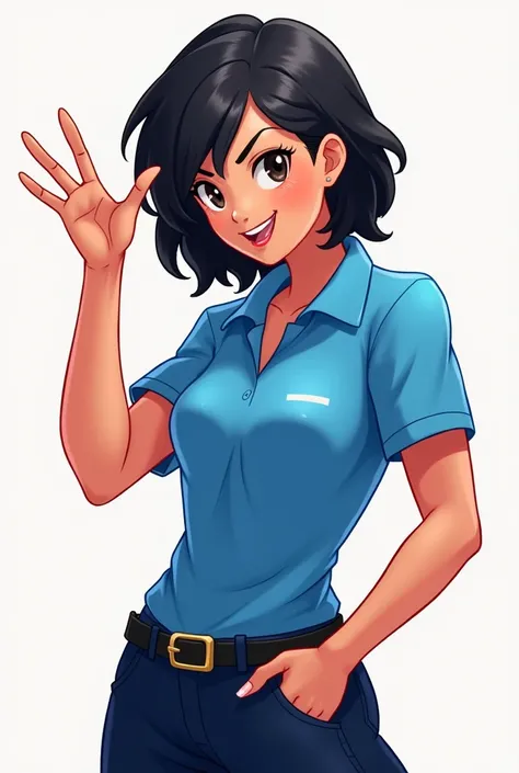 Animated One Woman wears blue color polo shirt Dongker pants black color black hair right hand raised exposes,  Face facing the front 
