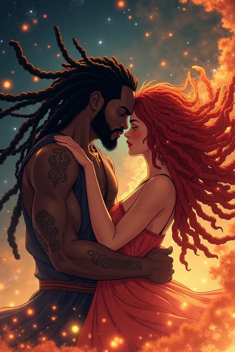 African married man with long dredlocks and woman with red dredlocks making love in space surrounded by fire anime