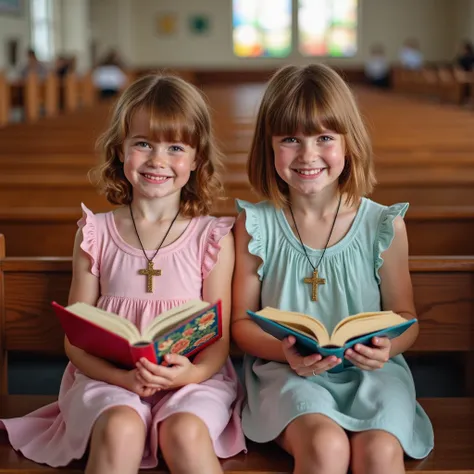 adorable white lots of teen girls with lots of friends very short auburn bangs pretty smile wearing Christian cross necklace pastel dress with pink sandals holding colorful holy bible sitting next to each other on bench cushion in church