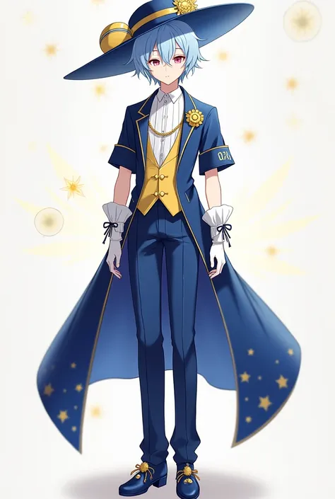 A quiet anime young man in high school with sharp pink eyes represents short light blue hair , Fair skin and wearing all the fantasy blue, yellow and white clothes are the luxury of Idol, which consists of a long waist tuxedo jacket with short sleeves in t...