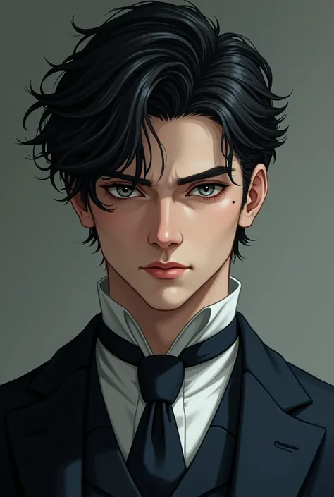 a combination of , Kakashi, mr. Darcy and Henry Cavill with gray eyes and in a suit with a mole under his mouth on the left side without a chin so defined that he doesnt look so emaciated, without a beard and in their 20s with a more serious and cold look ...