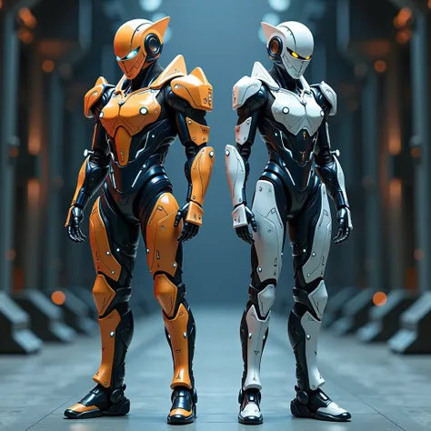 two highly technological armor , one male and one female,  one armor with orange details and the other in blue, “They must be in a majestic pose” and “the full body image”