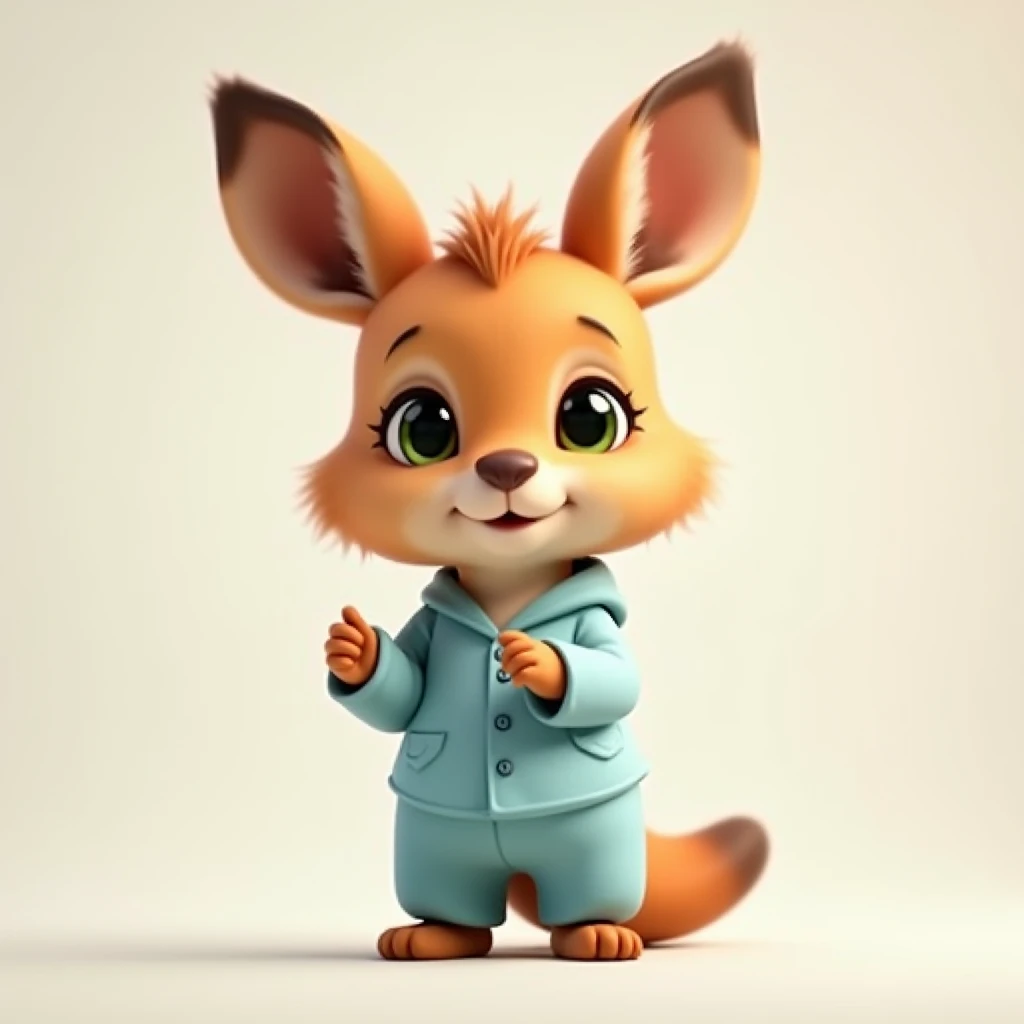 Cangurito con  tender look,  large green eyes,  tender look,  taking a selfie ,  light brown fur , with light blue pajamas ,  super realistic character, light background.