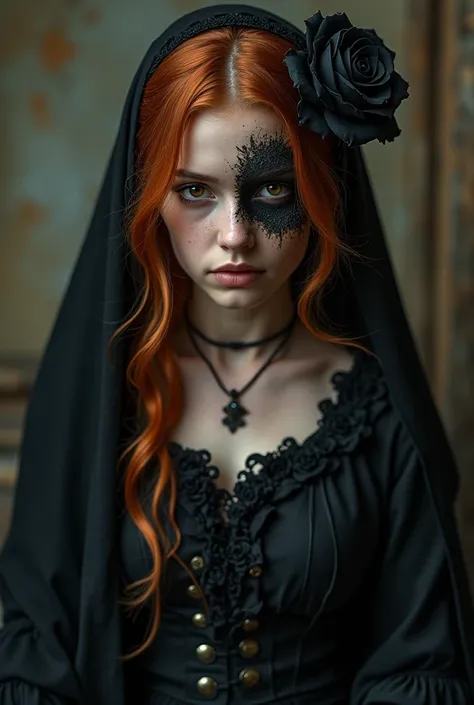 a young woman,  old garments ,  entity Maria Quitéria das Almas,  copper hair ,  partially burned face ,  Deep brown eyes , She wears black ,  wears veil and black rose in her hair ,  serious and frightening image  
