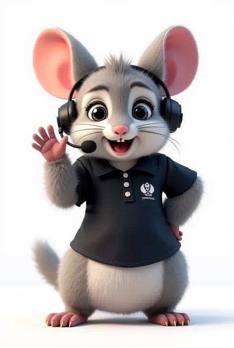 Description:  A realistic chinchilla mascot costume ,  designed as a uniform for a call center .  The design presents a body and face identical to the example provided ,  with natural colors of gray and white in the fur ,  big and expressive eyes , and pin...