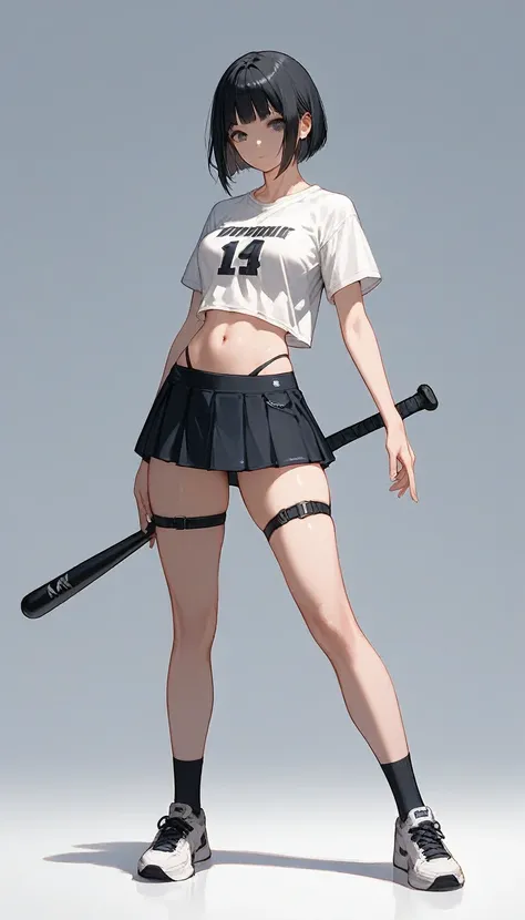 close up,, standing, full body, ((thighs)), score_9, score_8_up, score_7_up, (solo), 1girl, blunt bang, black hair, bob haircut, ((hands)), fingers, stomach, ((white t-shirt)), medium breast, (skirt), socks, sneakers, ((pose)), stomach, baseball bat, thong...