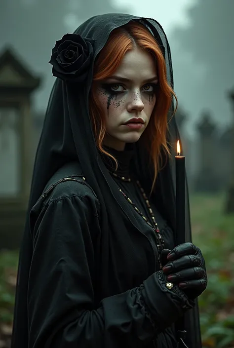 a young woman,  old garments ,  entity Maria Quitéria das Almas,  copper hair ,  partially burned face ,  Deep brown eyes , She wears black ,  wears veil and black rose in her hair ,  serious and frightening image , Hold a black candle work at the cemetery...