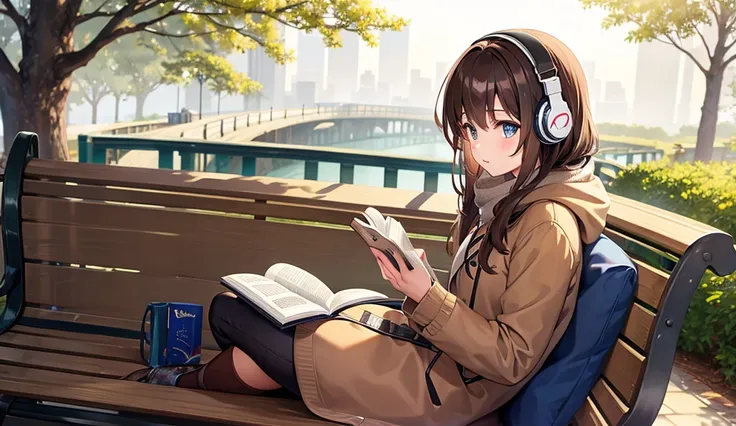 Beautiful brown-haired girl with headphones sitting on a bench in a winter park and reading a book