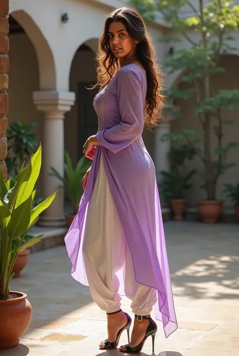 Milf haryanvi women standing in courtyard wearing wet Womens light purple Pure Cotton tight light Kurta and white loose Afghani salwar , curvy model, beautiful model girl, perfect body, sexy girl, wearing tight shirt, lovely woman, brown hair and a perfect...