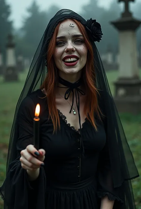 a young woman,  old garments ,  entity Maria Quitéria das Almas,  copper hair , partially disfigured face,  Deep brown eyes , She wears black ,  wears veil and black rose in her hair , laughing and creepy image, Hold a black candle work at the cemetery 
