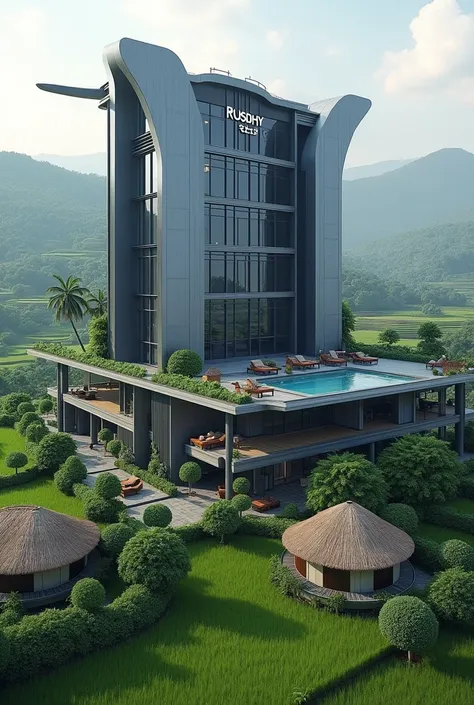 Created a Futuristic Building with the logo RUSDHY HOTEL, pool and garden on roof top, Slight Variation of Grey and Navy color style on the wall, surrounded by many small, simple, thatched-roofed antique lagoon villas in a sloping terrace rice field area, ...