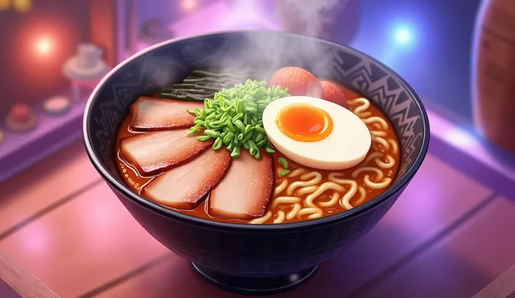 detailed digital illustration of a bowl of ramen noodles, steaming hot broth, sliced pork belly, soft-boiled egg, scallions, nori seaweed, and other traditional Japanese ramen toppings, fantasy anime style, vibrant colors, intricate details, cinematic ligh...