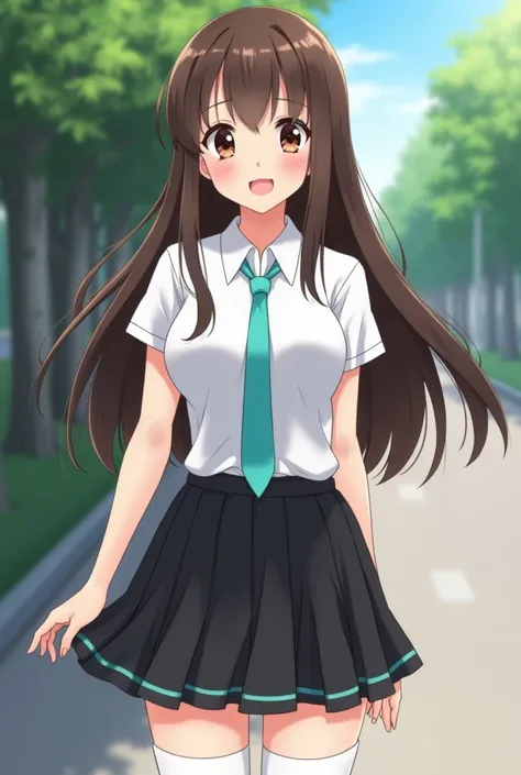 Anime version of a beautiful teen school girl, smiling and blushing; with her large breasts, her brown eyes, her brown hair, her hair long to the bottom of her hip; dressed in a school uniform: white t-shirt with turquoise tie and black skirt, with long wh...