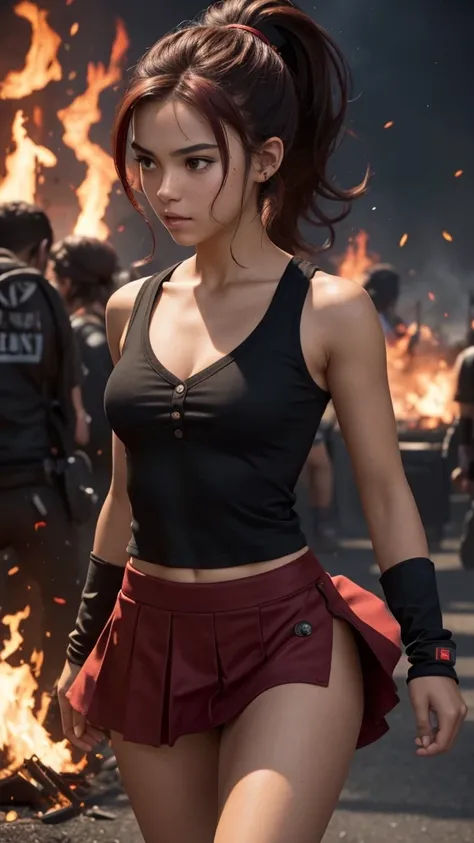 Slim teen, cute, button nose, Hispanic, dark red hair, messy ponytail hairstyle, ability to create fire from hands, super hero in training, mini skirt, burned deep v-neck shirt, nsfw, college campus setting, super powered people in background 