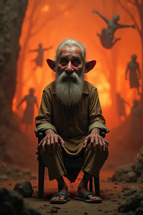 Prompt:
A humorous scene of an elderly man, Phaphar Dada Ji, sitting on a makeshift chair in a dark and surreal setting. He appears slightly bewildered, looking around as if he is actually sitting on the "wall" of hell. The surroundings are filled with fai...