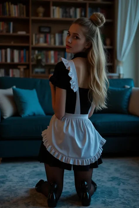 
sexy atmosphere
in a living room with a library in the background

blonde teenager with long hair with a bun
housemaid
with a maid uniform
with black tights
and black heels
we can clearly see the legs
she is on all fours in kneeling wheelbarrow position
s...