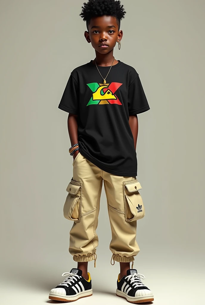  
Boy with dark skin tone, black hair and left eyebrow piercing, black Quiksilver shirt with only the Quiksilver logo on the left side of the chest in the colors of the Jamaican flag, very light yellow, almost white cargo pants, Adidas sneakers with white ...