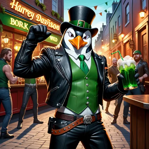 Closeup, an extremely badass anthropomorphic penguin celebrating St Patrick Day, wearing an insanely cool black leather Harley Davidson biker jacket open, green waistcoat, green top hat, black leather biker gloves, black leather biker pants, drinking shamr...