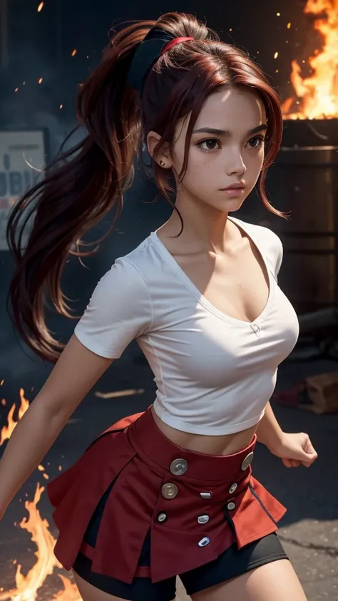 Slim teen, cute, button nose, Hispanic, dark red hair, messy ponytail hairstyle, ability to create fire from hands, super hero in training, mini skirt, burned deep v-neck shirt, nsfw, college campus setting, super powered people in background 