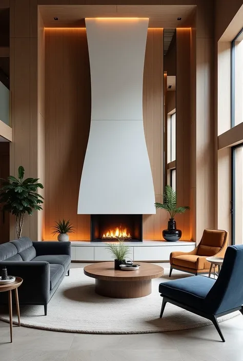 LOBBY DESIGN OF A LUXURY APARTMENT WITH TWO DOUBLE-SIDED WOODEN Big TABLE CONSOLES  By  Lateral WHITE  Fireplace and A LARGE WHITE  Modern FIREPLACE AND ABOVE THE CONSOLES THERE IS A LARGE  MIRROR AND ON THE WALL THERE IS A Medium size  Cobism PAINTED FIRE...