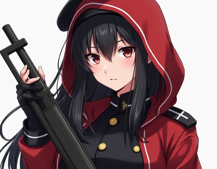 Wearing a red and black hooded military uniform、Wearing a black beret、Grab a sniper rifle、She has long black hair and pointy eyes.、Draw a beautiful girl who seems to have a strict personality, full bopy, stalker