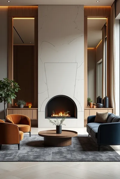 LOBBY DESIGN OF A LUXURY APARTMENT WITH TWO DOUBLE-SIDED WOODEN Big TABLE CONSOLES  By  Lateral WHITE  Fireplace and A LARGE WHITE  Modern FIREPLACE AND ABOVE THE CONSOLES THERE IS A LARGE  MIRROR AND ON THE WALL THERE IS A Medium size  Cobism PAINTED FIRE...