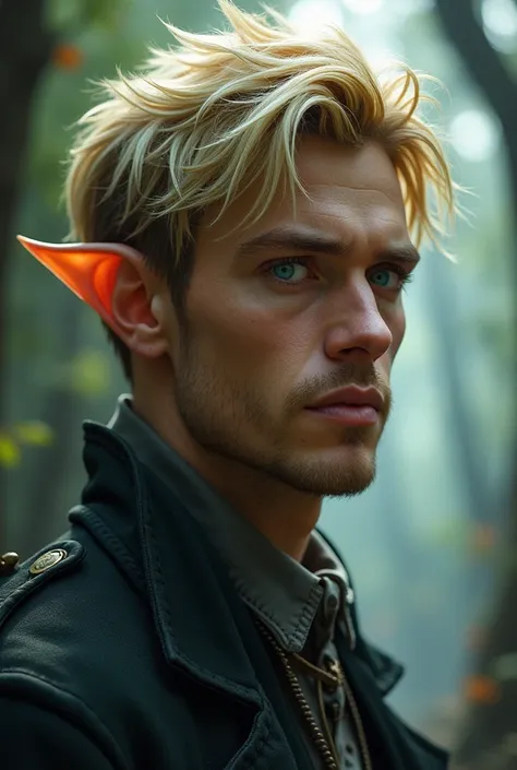 A 27 year old man who is a fae with a small point to his  ears and canines Very tall and very masculine. With blonde shaggy wavy hair with deep blue eyes?