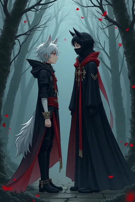 ((masterpiece, anime)) wolf boy, 24 years old, long wolf tail,boy,  Short white hair with white tips, beautiful, thin,  dark priest with black and red cape , cultist red eyes , Alone, a character, long clothes.   Black bandana covering her mouth and reinfo...