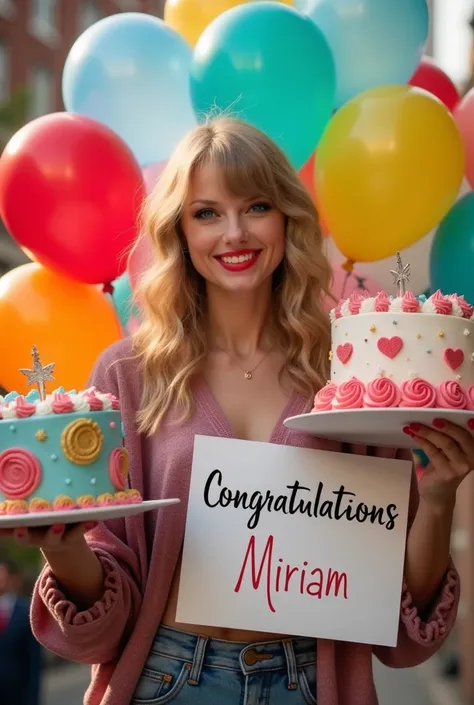  take a picture of Taylor Swift carrying balloons , a birthday cake and a sign that says "Congratulations Miriam  "