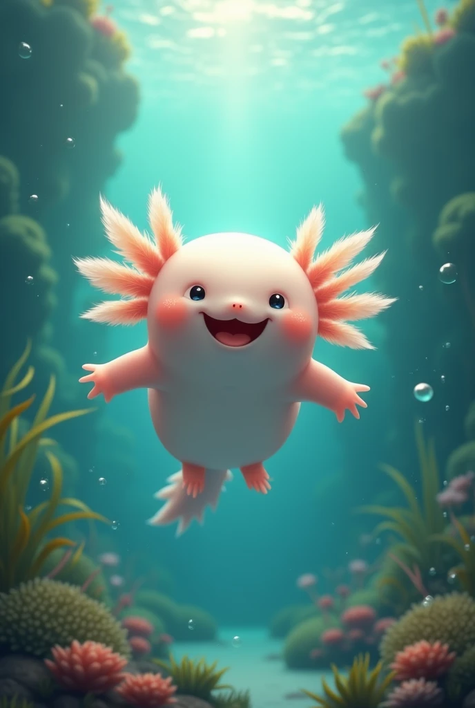 an axolotl under the water smiling 